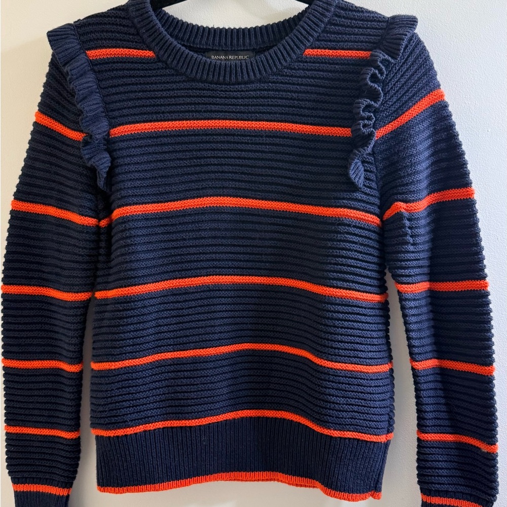 Banana Republic Navy and Orange Striped Sweater with Ruffle Shoulder Size M - Picture 5 of 8